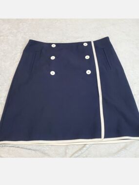 Talbots Navy‎ Blue White Button Wrap Mini Skirt 16 Petite Nautical Classic Beach